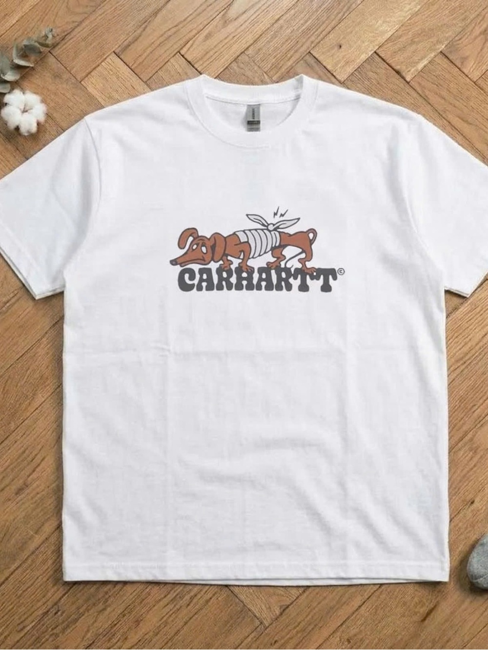 Gildan White Tee with Brown Dog Graphic and Gray Logo